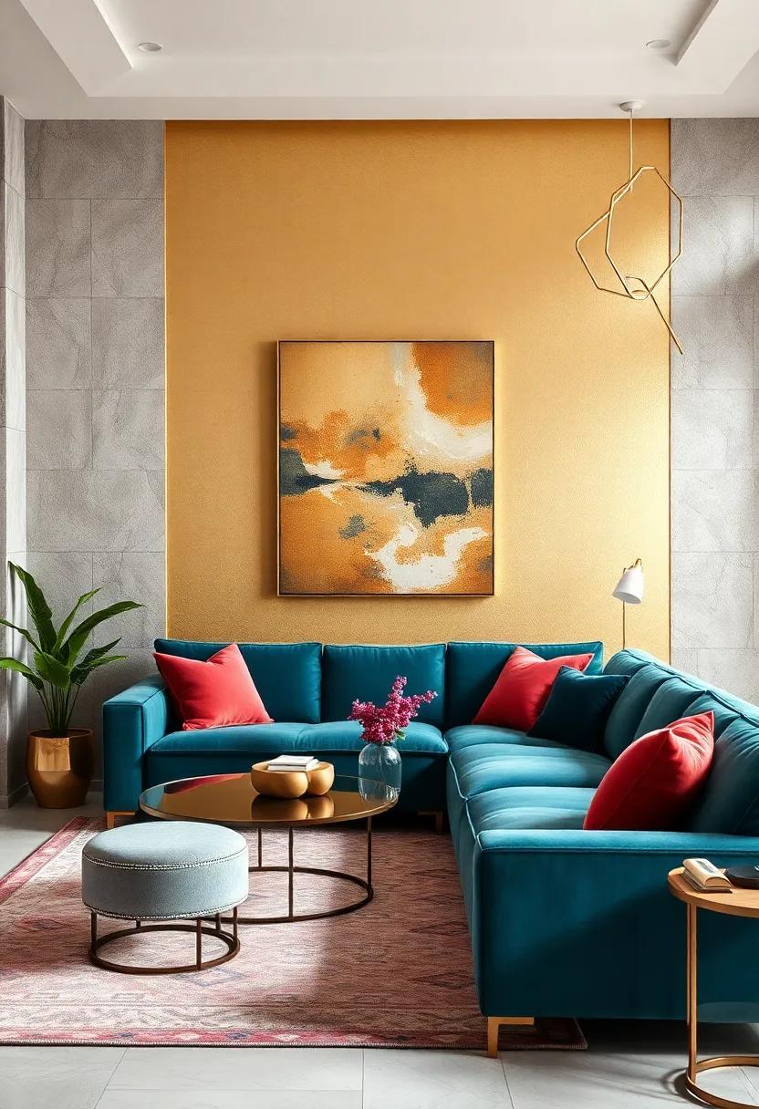 Select a gold accent wall featuring abstract art to serve as a⁣ backdrop for a plush, teal velvet couch