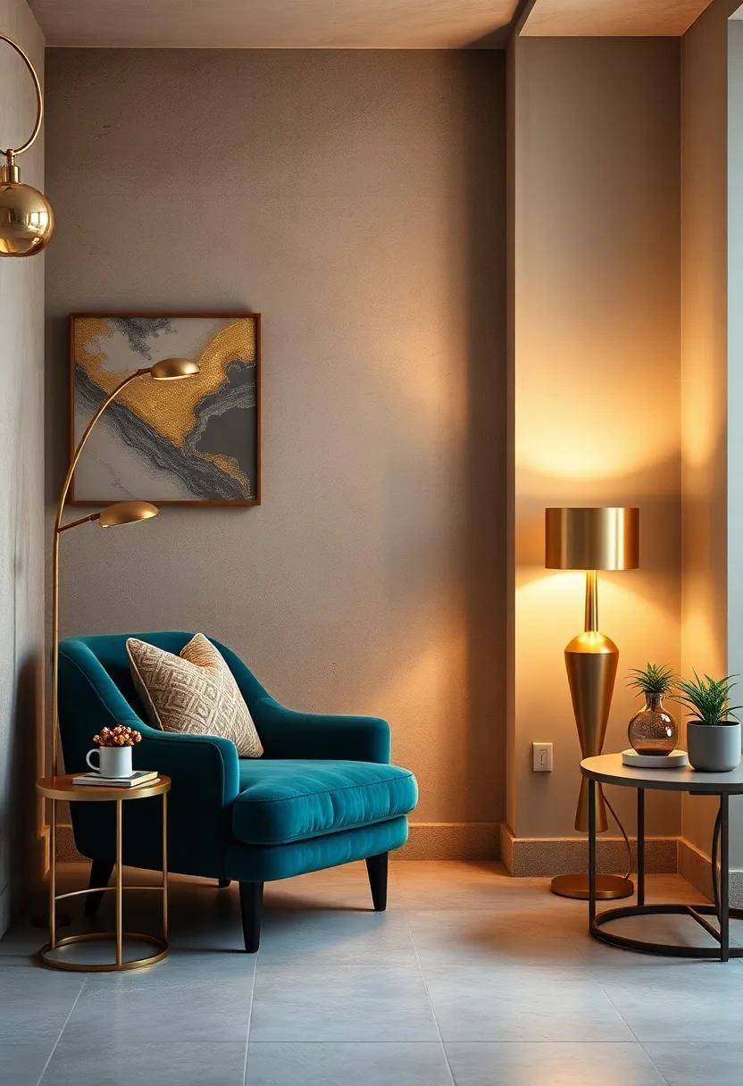Create a reading nook with a plush teal⁢ velvet armchair and a⁣ gold side lamp, ensuring ⁤comfort and elegance‌ in ​equal measure