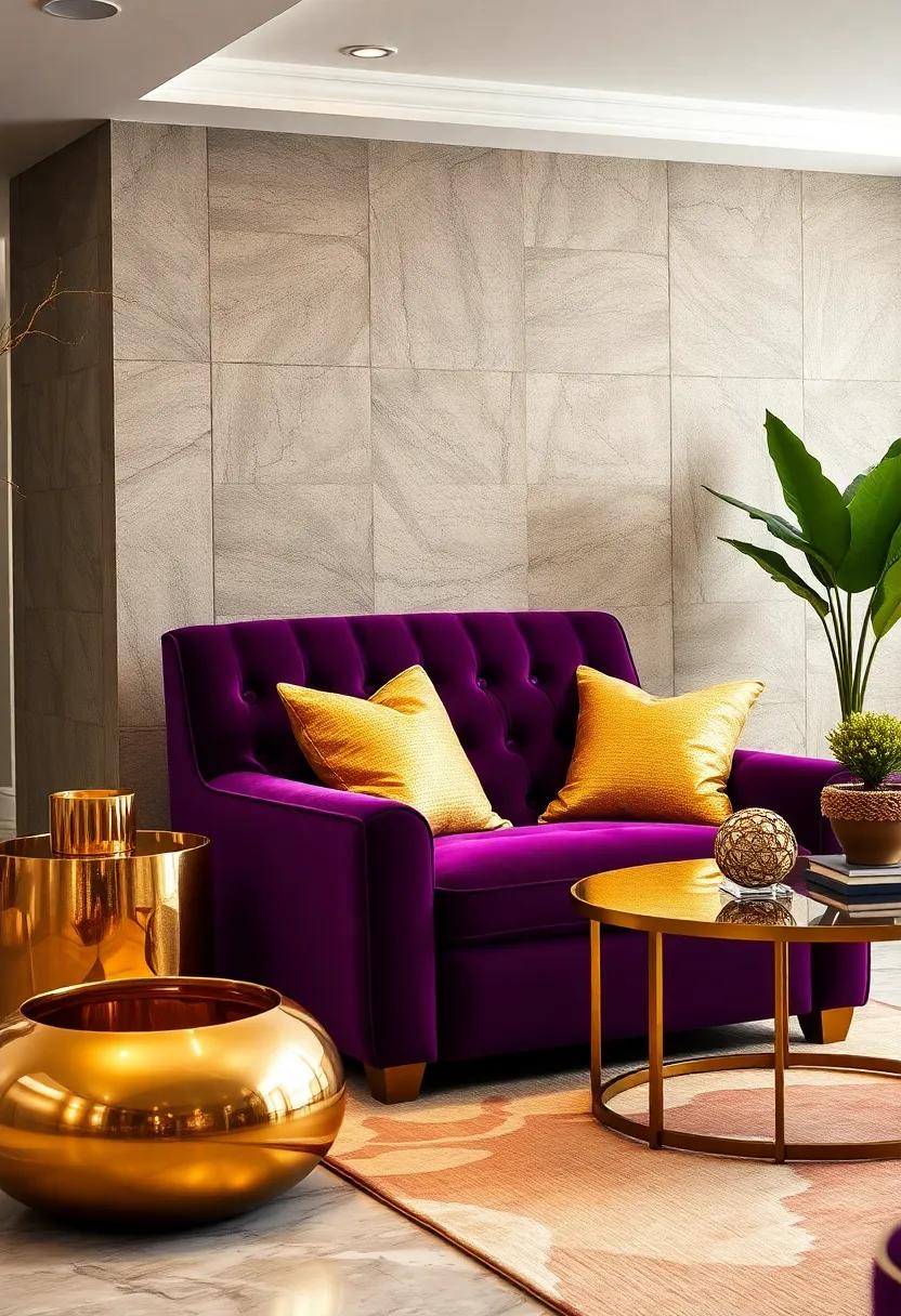 Use gold-tone throw pillows on a ​royal⁤ purple velvet chair for a pop of shimmer that complements ‌the rich texture