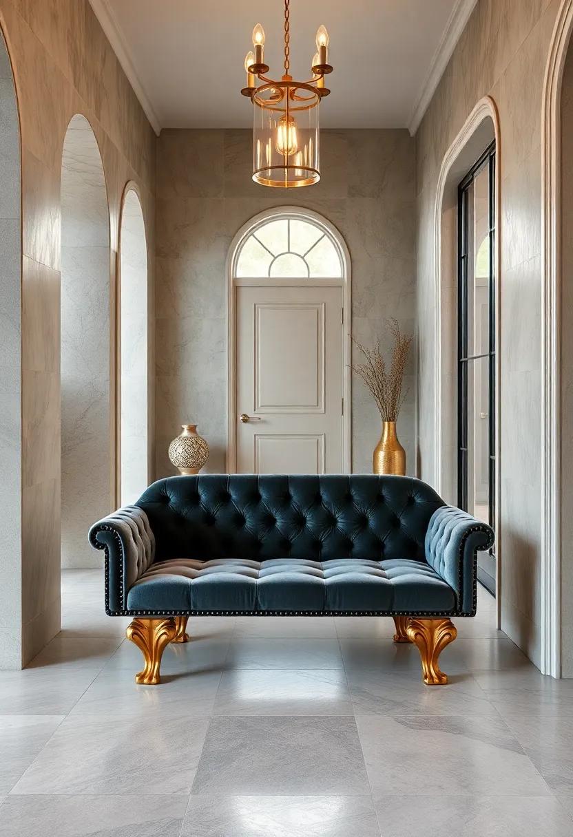 Utilize a velvet ⁤bench paired ⁣with ornate ⁤gold legs in an entryway, offering a striking ‍first⁤ impression for guests