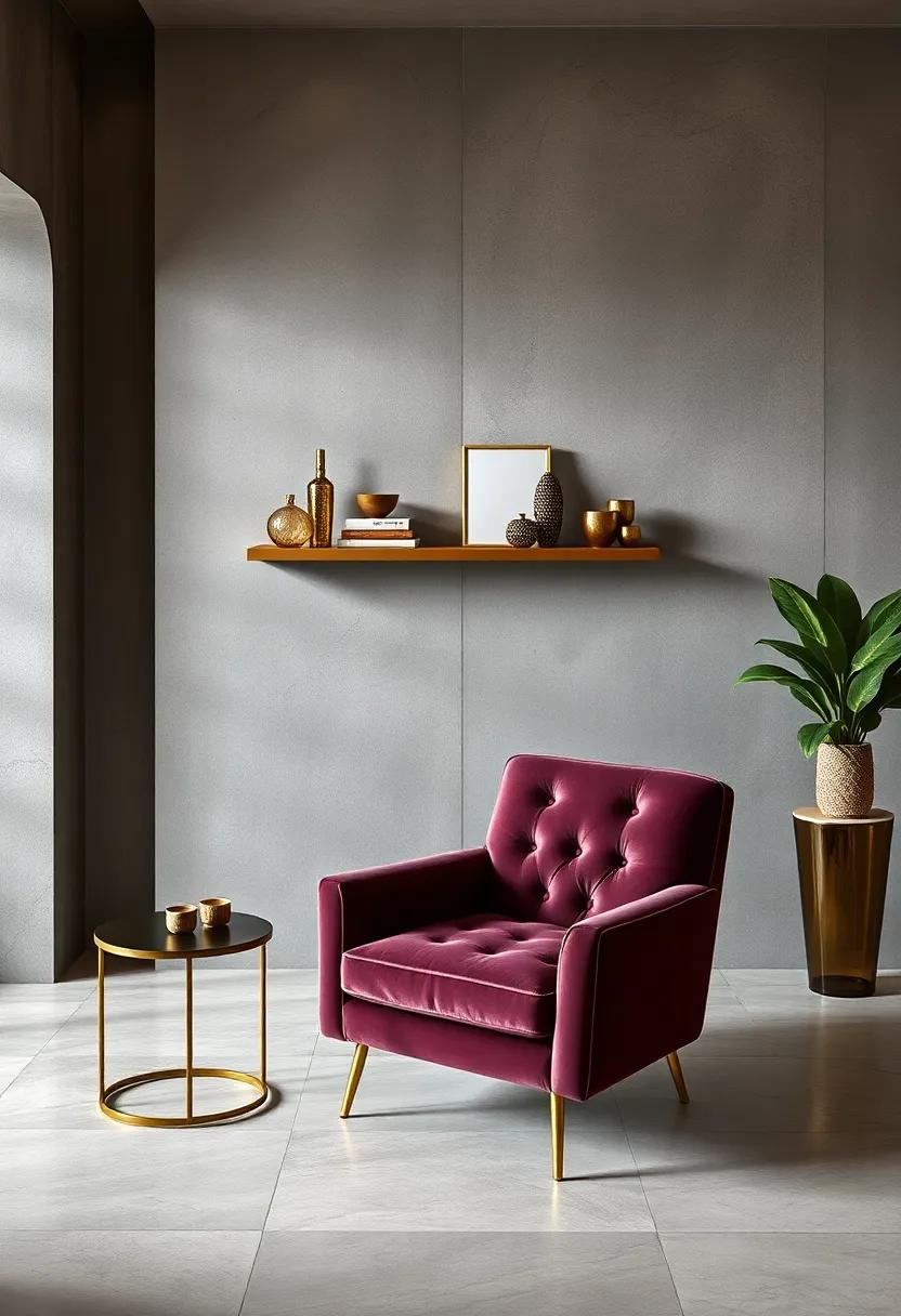 dress a ⁣charcoal velvet​ ottoman ⁤with a⁣ golden tray filled‍ with candles, turning ⁤it⁣ into a chic centerpiece
