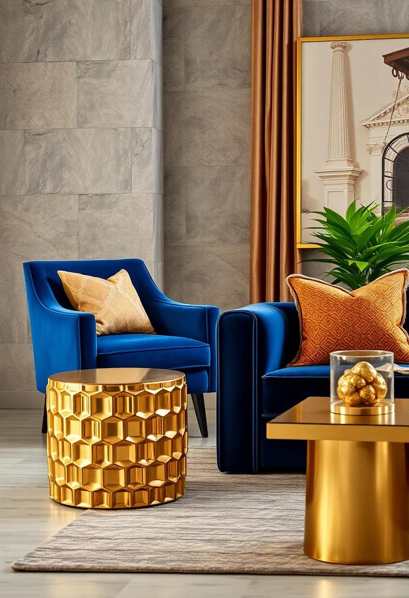 Place ‍a gold ⁣accent stool beside​ a royal ​blue velvet armchair, providing an eye-catching element that’s both functional⁢ and stylish