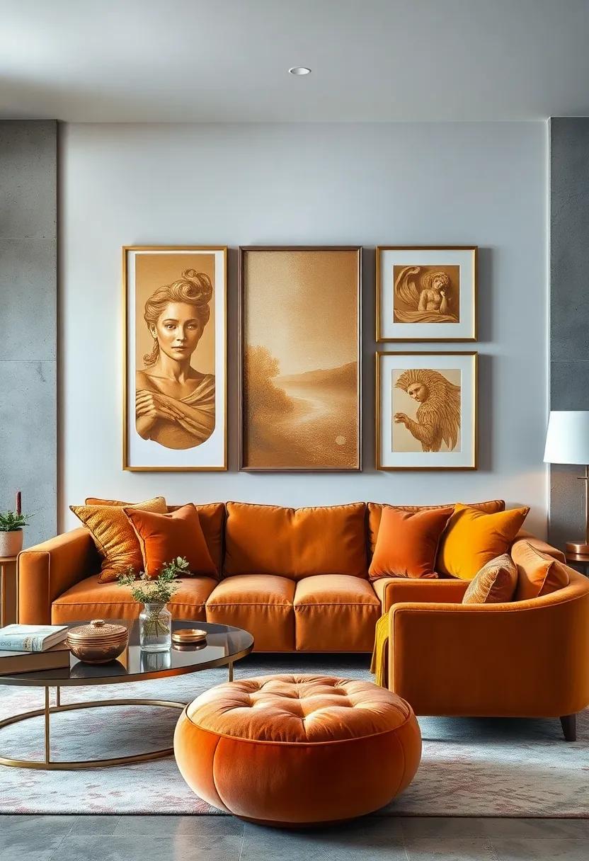 Frame ​a gallery ⁣wall filled with gold-toned art⁢ above‍ a soft velvet ‌sofa, adding depth and personality to your ⁣space