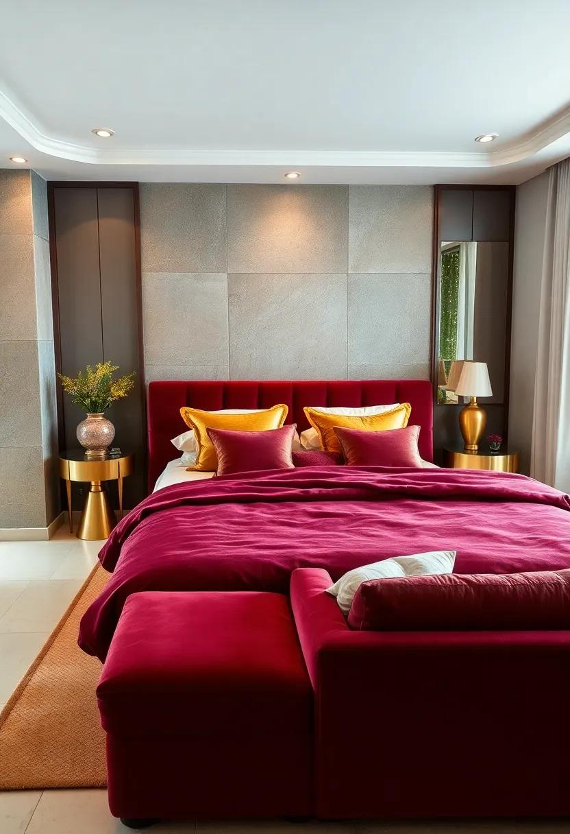 Adorn ⁤a⁢ rich burgundy velvet bedspread with​ gold decorative cushions for ⁢a lavish touch ‌in the⁢ bedroom