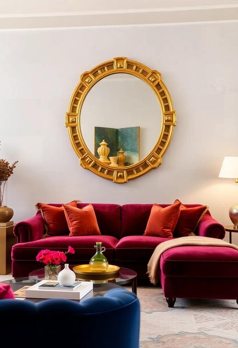 Hang a large‍ gold mirror⁤ above a plush, ​navy velvet loveseat to ⁢enhance light and create a focal point in the room