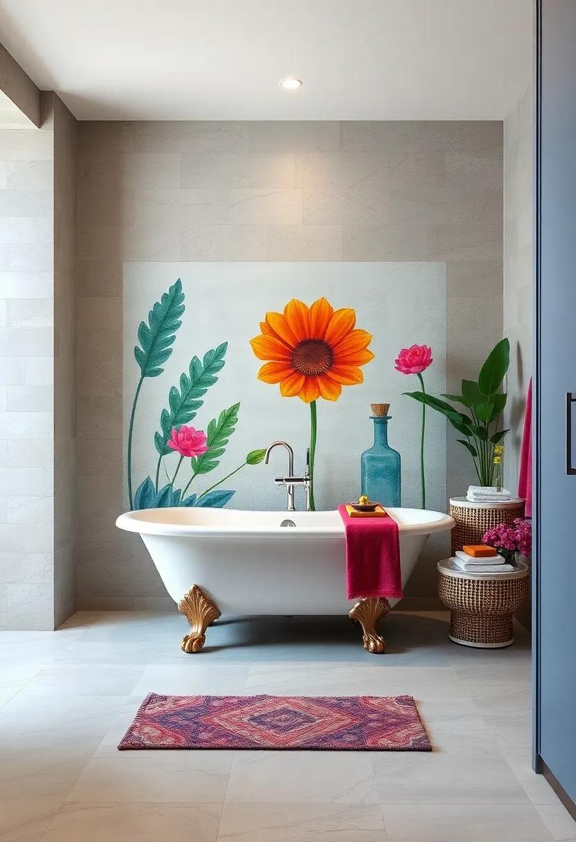 Artistic Flair: A ‌striking mural behind a ⁣clawfoot tub adds ⁣a unique artistic touch, making ⁤this bathroom a true‍ conversational piece