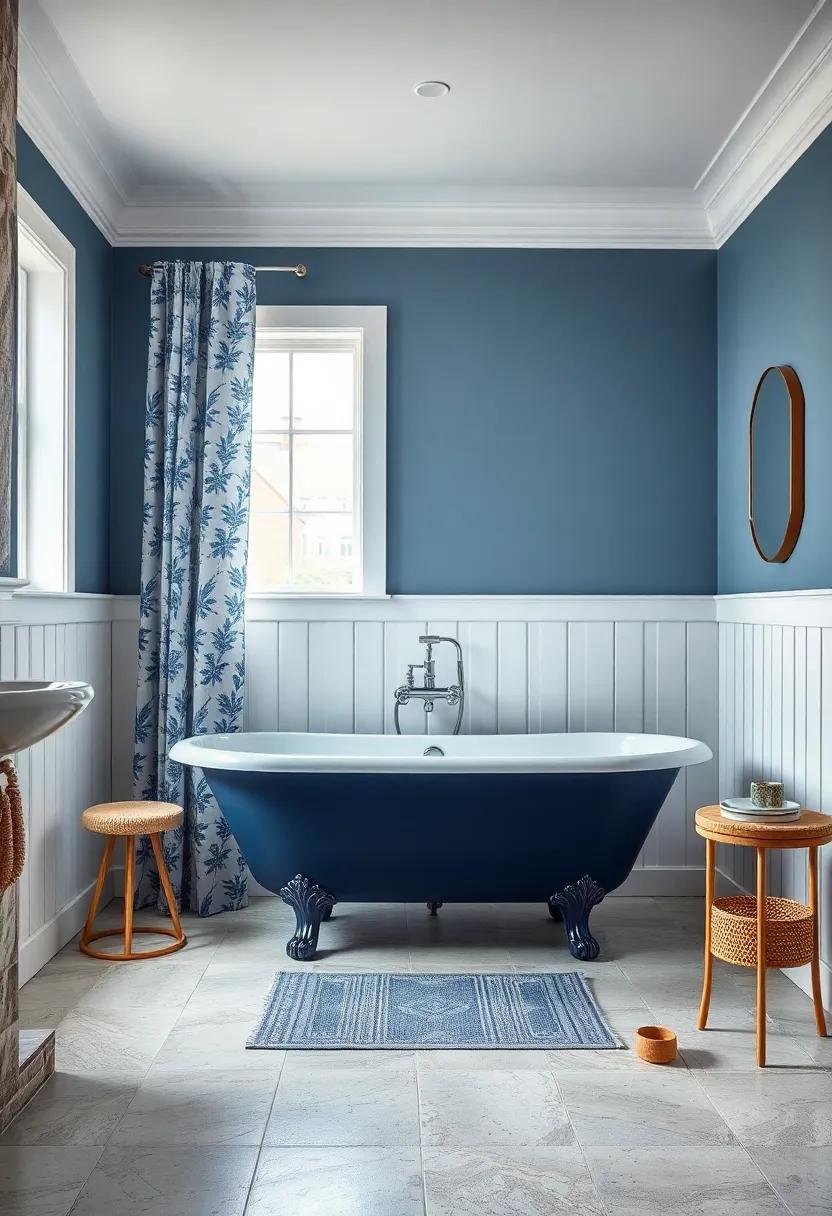 Blue-Hued Bliss: A‌ deep navy clawfoot tub sits elegantly against a​ backdrop of white wainscoting and a whimsical patterned shower curtain