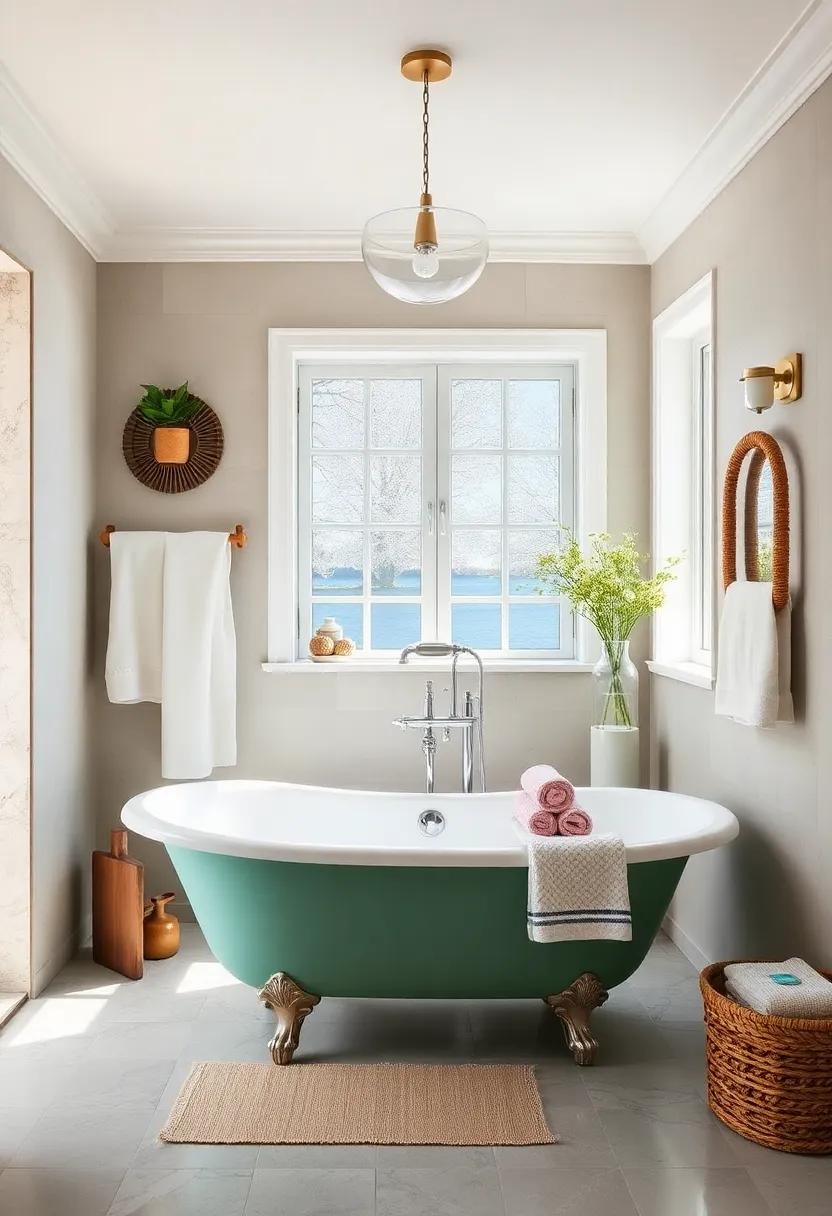 Coastal Retreat:⁢ A⁢ sea-glass ‍green​ clawfoot tub anchors this airy bathroom infused with nautical decor and light, breezy fabrics