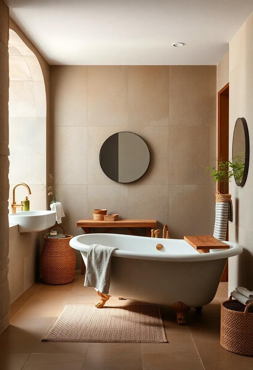 Earthy Tones: ⁤Rich, earthy colors surround ⁣a rustic clawfoot tub, complemented ⁢by woven textures and wooden accents‌ for a cozy feel