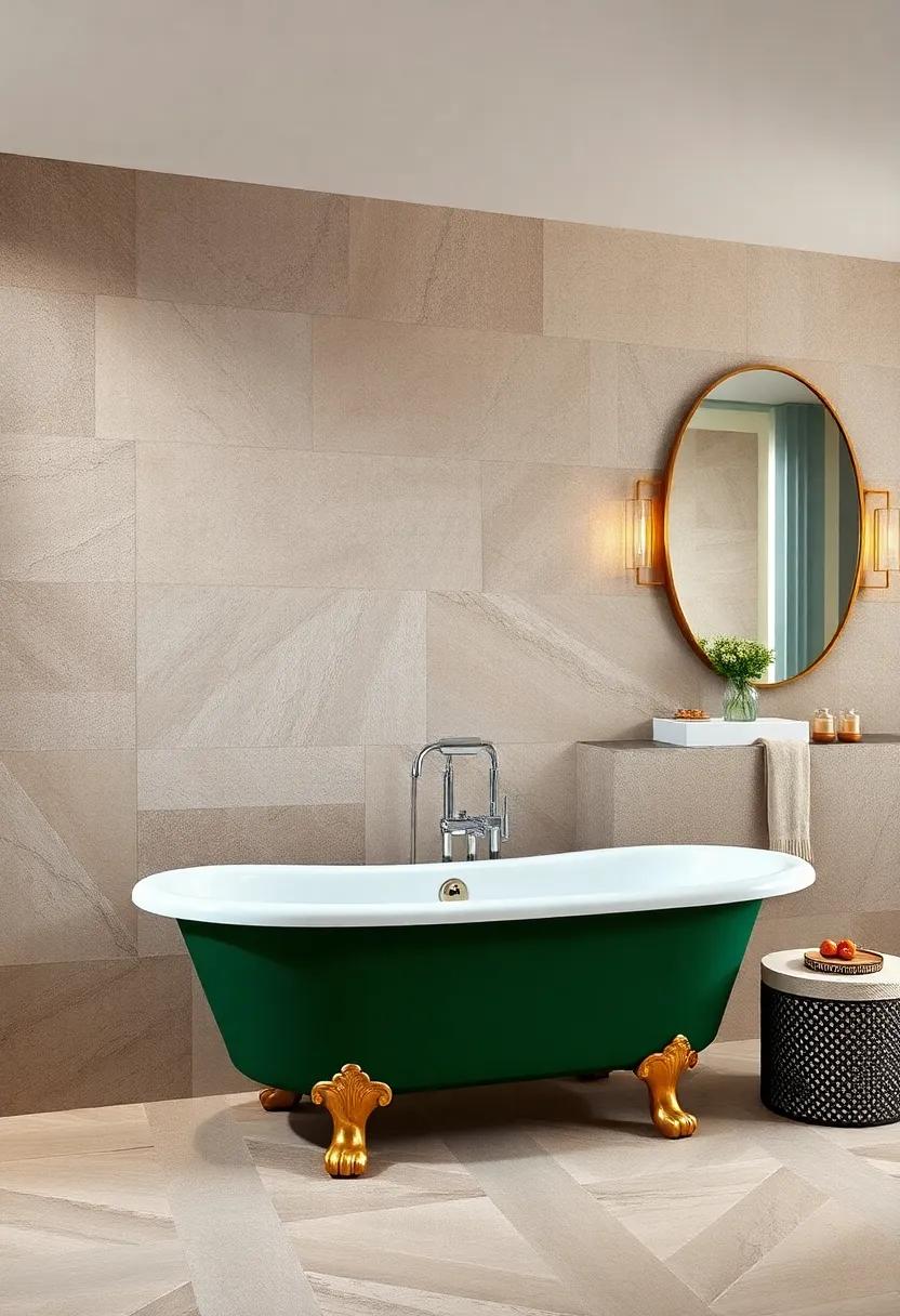 Jewel Box Elegance: A clawfoot tub in a rich emerald green set ⁣against a backdrop⁤ of⁢ plush‍ textures and metallic accents‌ feels truly opulent