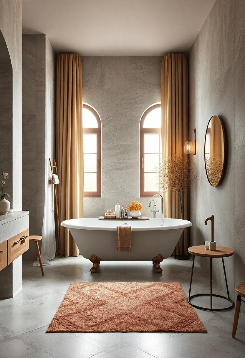 Luxurious⁤ Textures: Velvet drapes and ⁣a plush rug soften the look​ of a sleek clawfoot ⁢tub, transforming the ⁤bathroom into a plush ⁤retreat