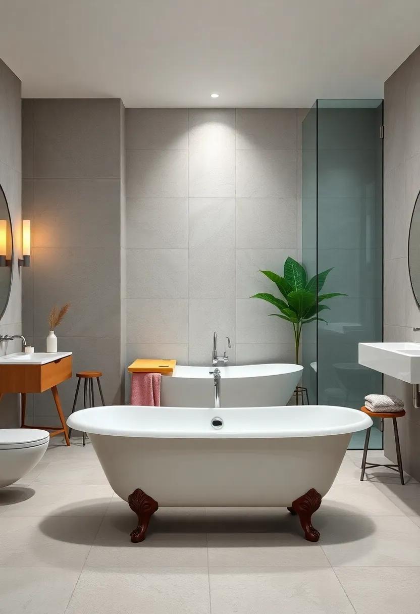 Modern ⁤Meets‍ Classic: This ‌bathroom features a ⁤sleek, ⁣freestanding clawfoot⁤ tub paired with geometric tile patterns for a refined contrast