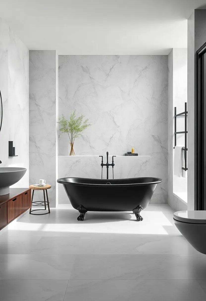 Monochromatic Magic: A striking black-and-white color scheme plays beautifully with a matte black clawfoot ​tub,⁣ exuding modern sophistication
