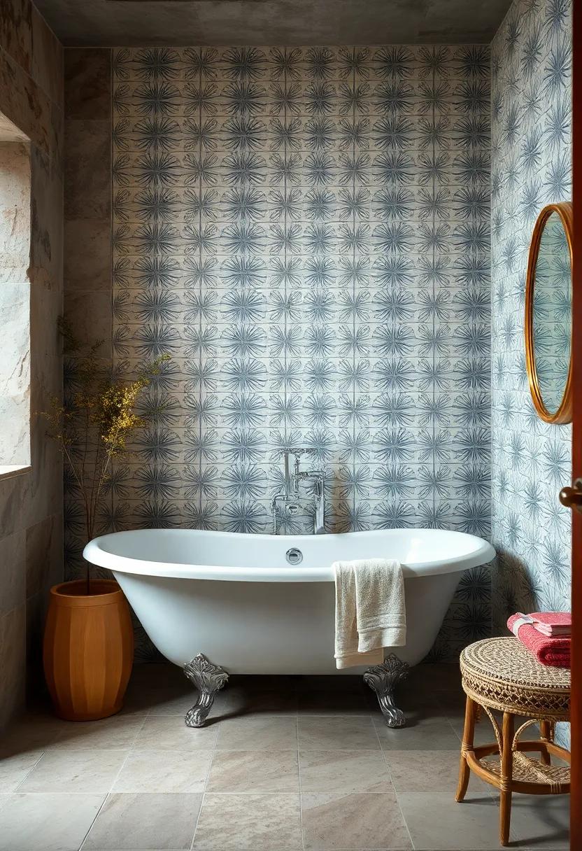 Playful ⁣Patterns: This whimsical bathroom‌ features an intricately patterned wallpaper that frames a ‍charming‍ clawfoot tub, inviting playful aesthetics