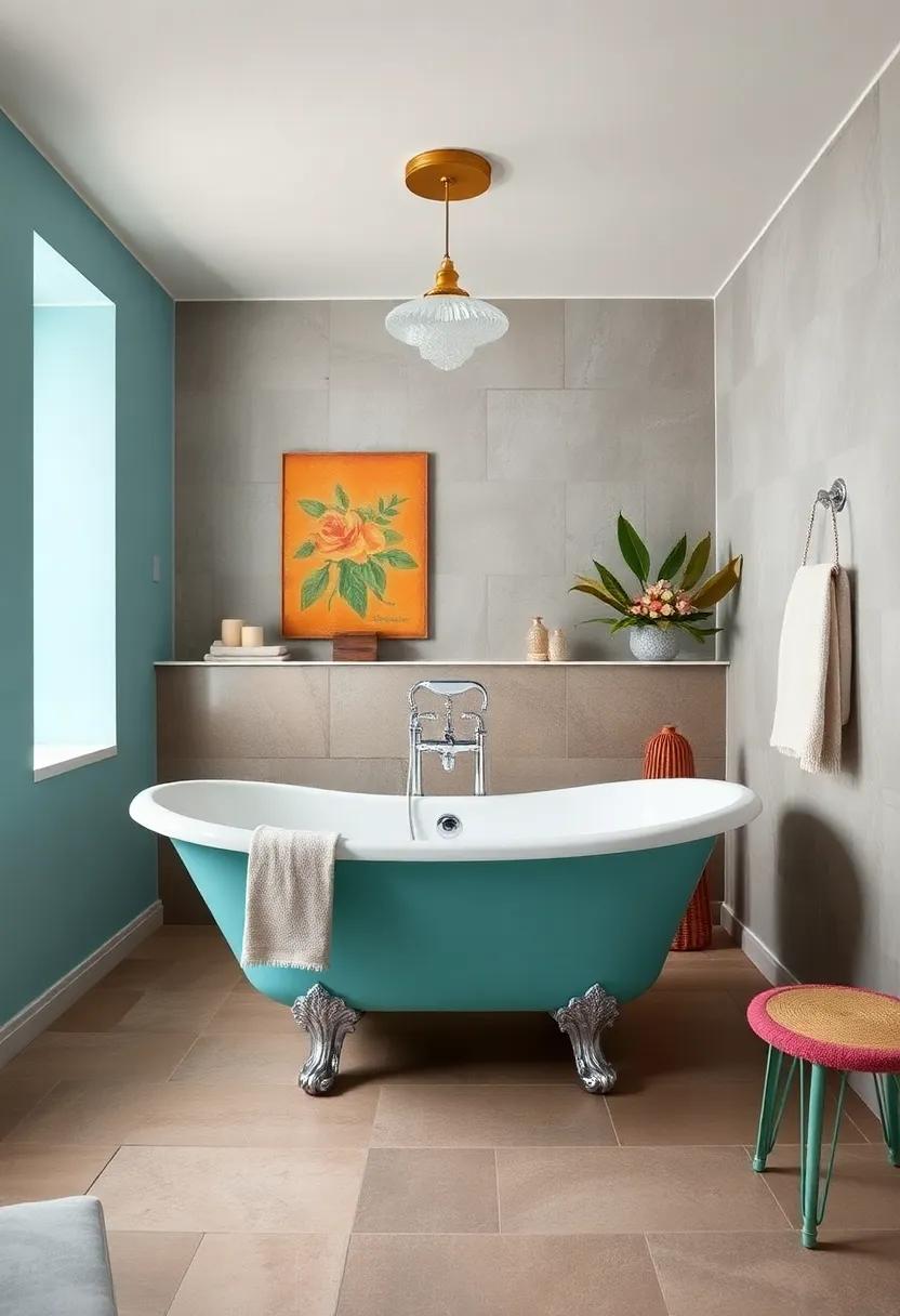 Retro Revival: bright colors and‌ quirky decor revive the ‍spirit of yesteryear with‍ a cheerful,playful ‍clawfoot tub as the focal point