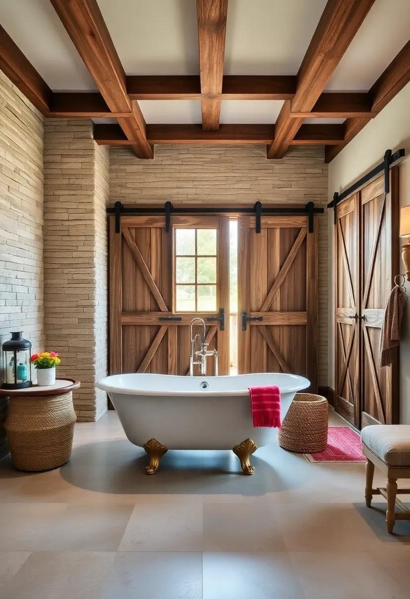 Rustic‍ Revival: Wood ‌beams and vintage barn doors surround a​ classic clawfoot tub, merging‍ contemporary ‌comforts with charming rustic ‌elements
