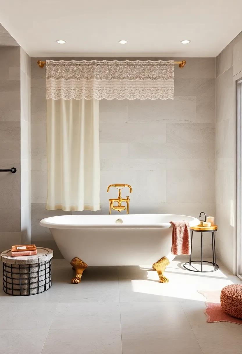 Subtle Glam: ‌Soft gold ⁢fixtures ‍and a lace curtain enhance‍ the elegance of a ‌vintage-inspired ​clawfoot tub, making ‍every soak feel luxurious