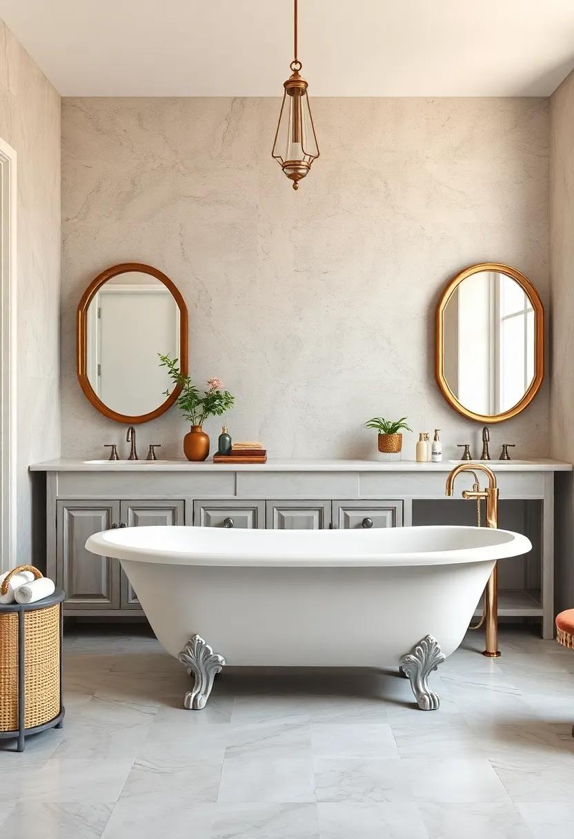 Timeless Whites: A ⁢classic white tub with ‌ornate feet contrasts beautifully ⁤against a‌ marble vanity⁤ and ​vintage mirrors infused with ⁢character