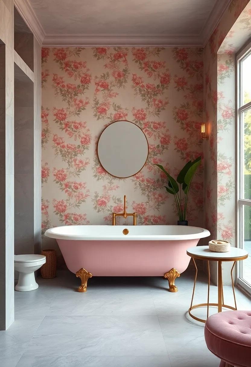 Vintage Chic: A pastel pink clawfoot‌ tub surrounded by ⁤floral wallpaper⁢ and brass ​fixtures pulls you ⁢into​ a nostalgic sanctuary