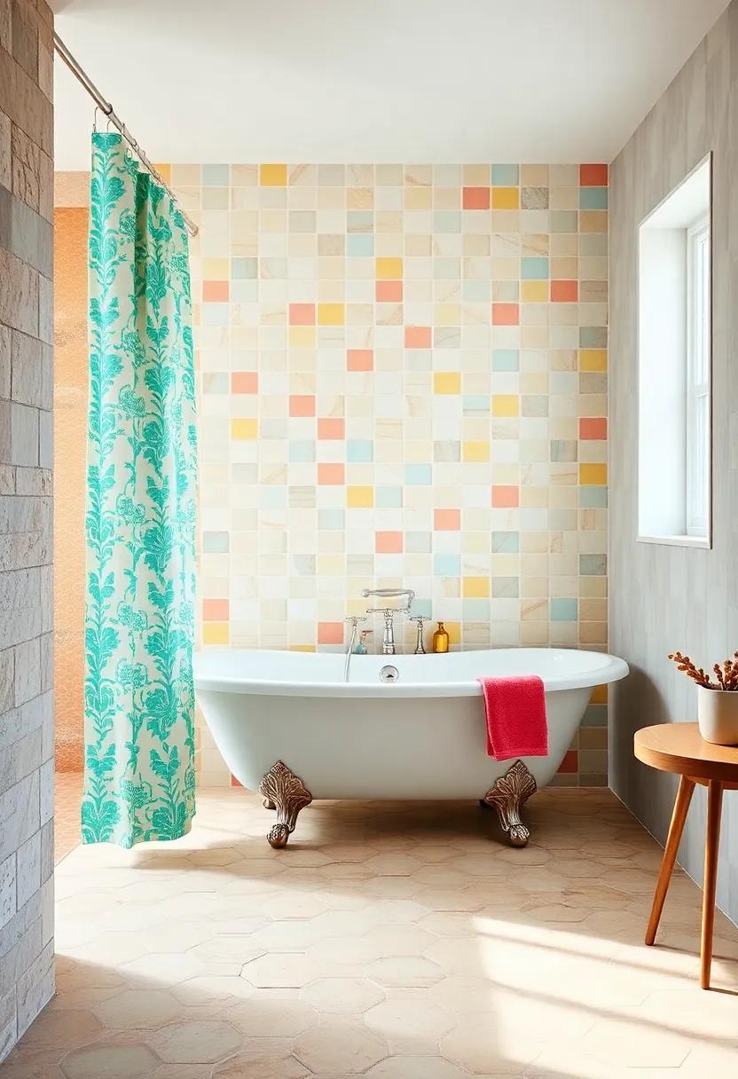whimsical Wonderland: Brightly colored tiles and⁣ a fun,⁣ patterned shower curtain frame a cheerful clawfoot tub, ⁤perfect for spreading joy
