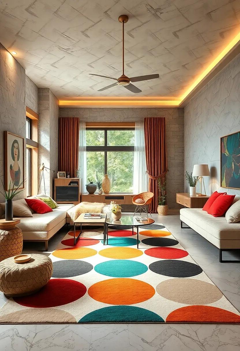Funky Rugs: ⁤Make a ⁣graphic statement⁣ with a‌ bold area rug that features geometric patterns ⁣or​ playful designs⁢ typical of the 70s