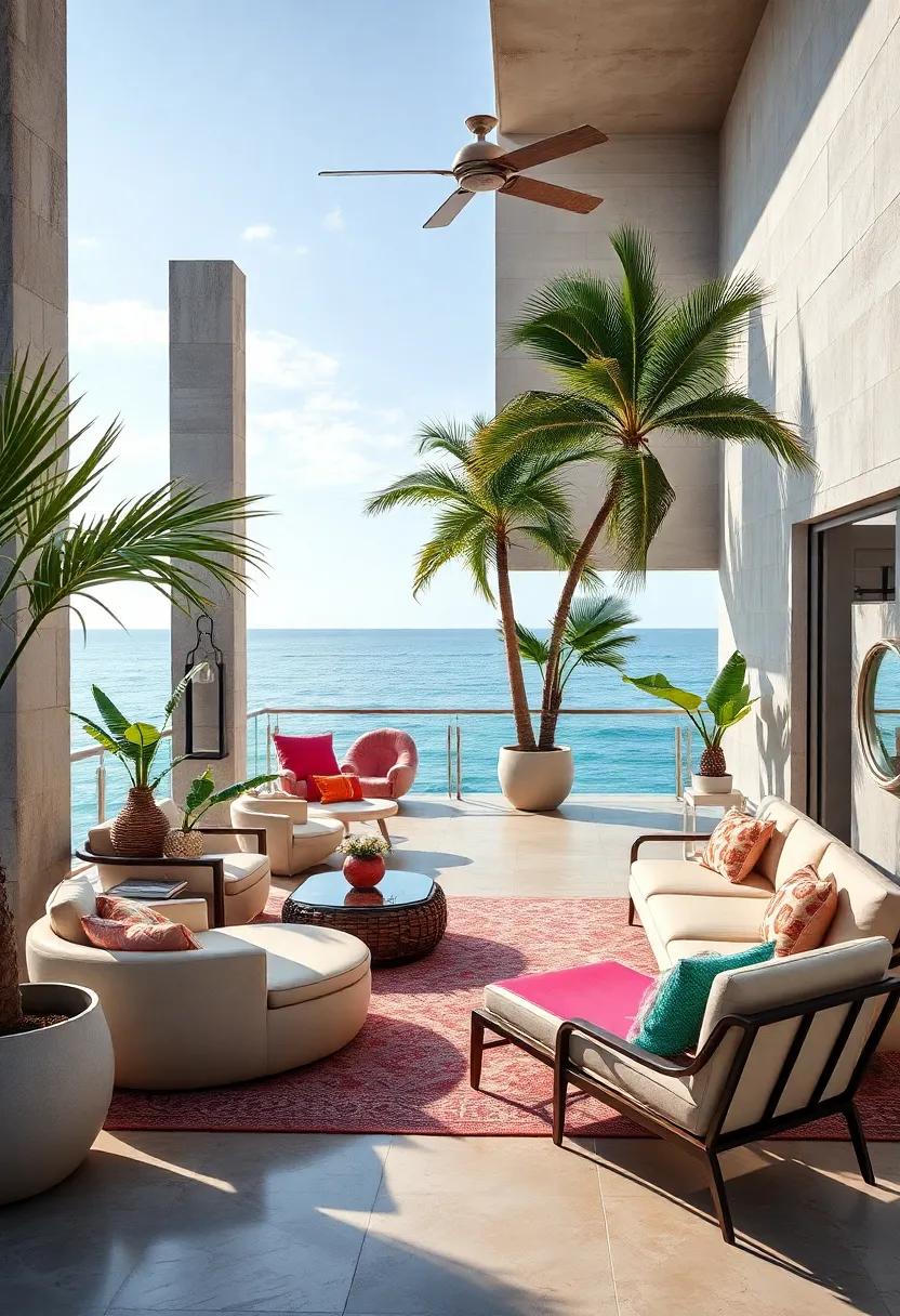 Discover the⁣ Elegance of the Sea: A​ coastal Art​ Deco terrace adorned with plush geometric-shaped seating​ and vibrant sunbathing loungers that celebrate ⁢the beauty of ⁢ocean⁣ views