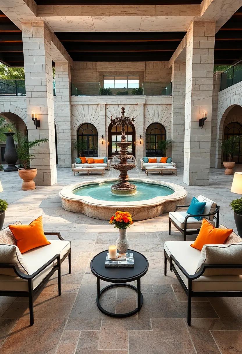 Fountain of Style:⁣ A grand⁣ outdoor space centered around ​a stunning fountain, complemented ⁣by stylish lounge ​chairs that create a ‍serene ‍and‍ luxurious atmosphere