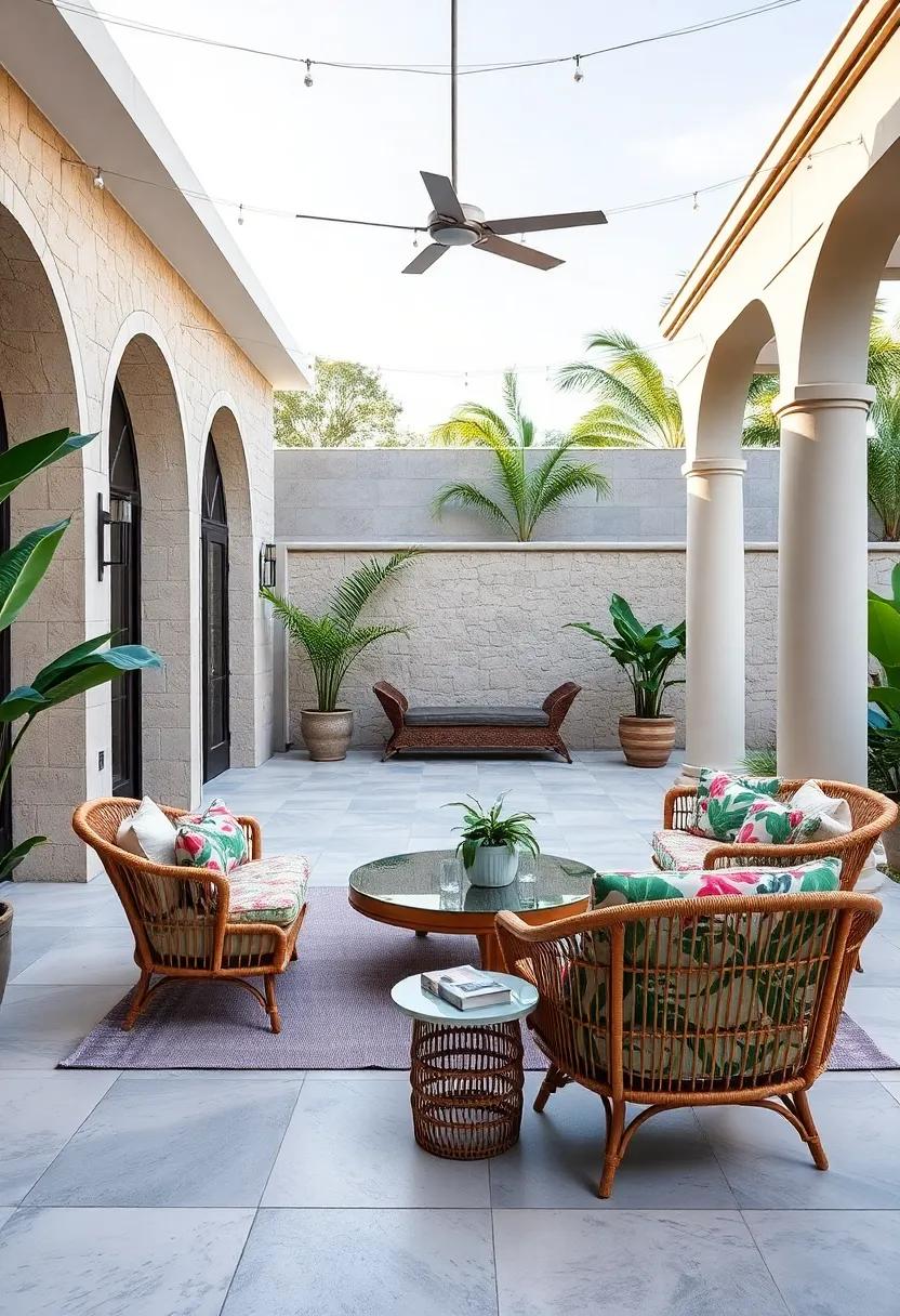 Tropical ⁢Chic: A scenic patio featuring Art​ Deco-inspired ⁣rattan⁣ furniture paired with ⁣bold tropical prints,​ merging modern elegance ⁤with⁤ a relaxed island ⁣feel