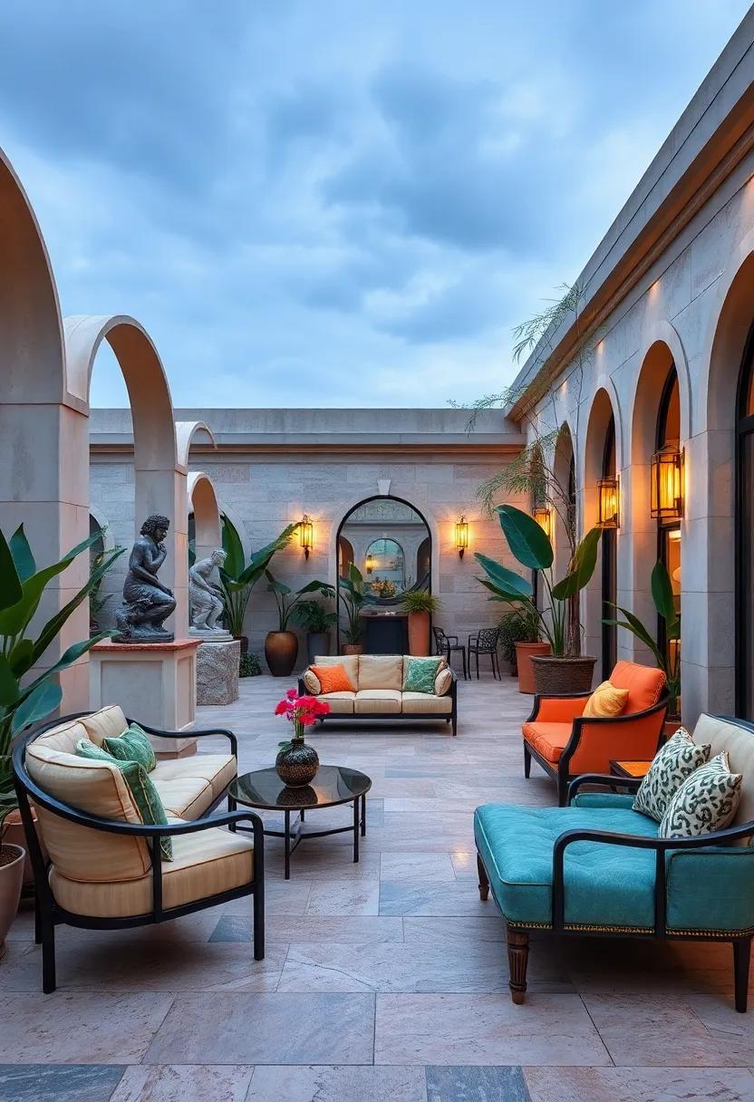 Layered Textures: Explore a lush garden where rich fabrics meet polished stone, highlighting beautifully designed outdoor sofas ‌that invite ‌hours of relaxation