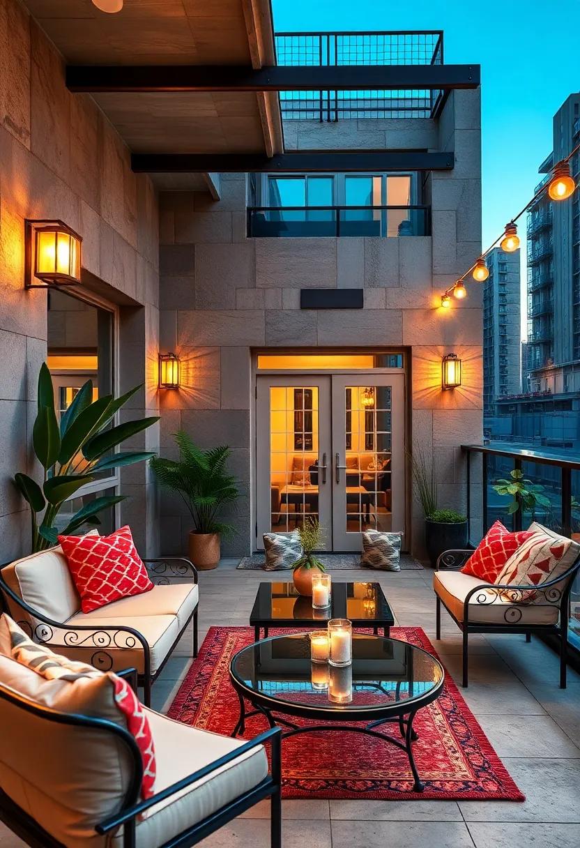 Urban Oasis: An inspiring balcony fitted with chic metal furnishings and artistic lighting, offering a cozy yet ⁣glamorous spot perfect for enchanting evening gatherings