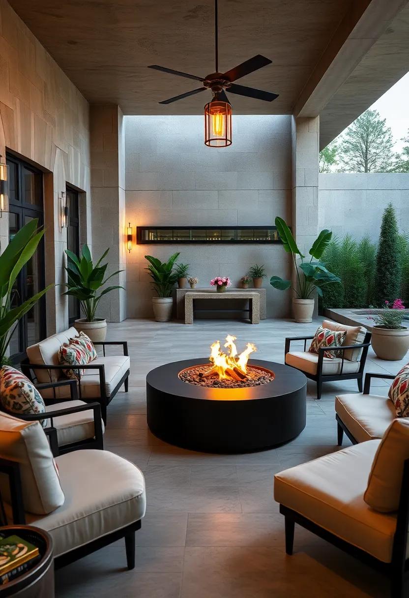 Fire and ⁤Flair: A lavish ‌patio⁤ complete with‌ a ​decorative fire pit surrounded by sophisticated seating, perfect for intimate​ conversations under the stars