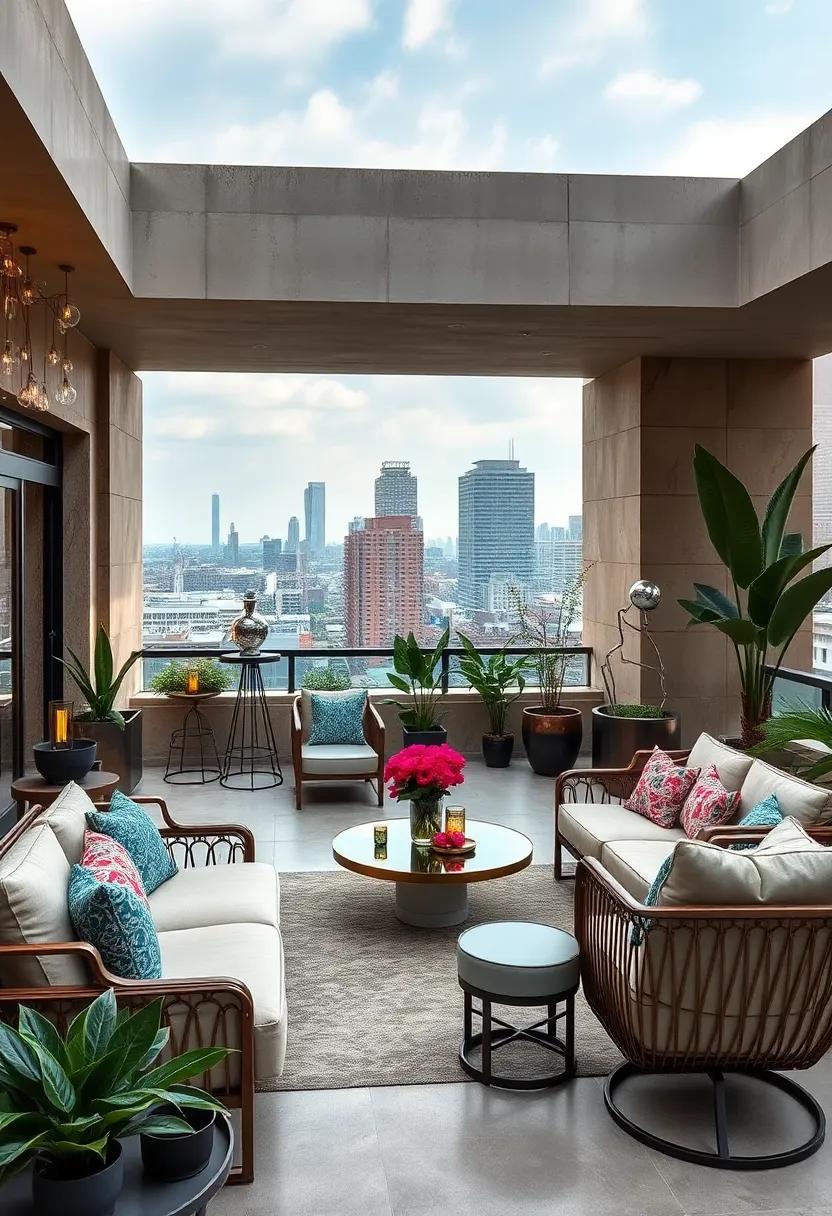 Rooftop Retreat:‍ An opulent rooftop garden featuring sleek metal furniture and abstract sculptures, creating a luxurious​ escape ⁤amidst the urban skyline
