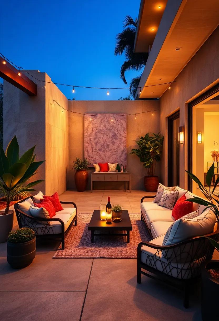 Serenity in style:⁤ A tranquil​ Zen space ‌accentuated with elegant outdoor cushions and ambient lighting ​that promotes‌ relaxation⁤ and contemplation