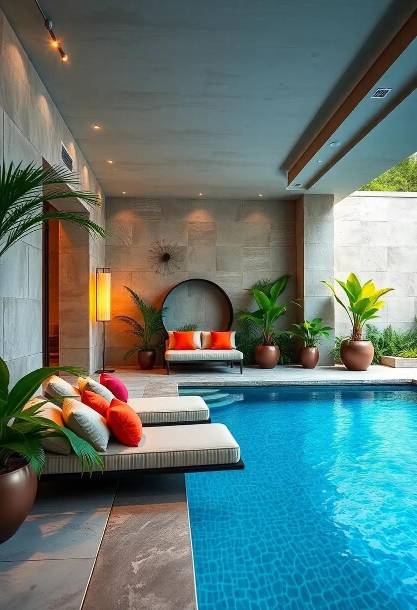 Elegant‍ pool Alcove: A secluded​ area by the pool featuring ‍Art Deco ⁤chaises and vibrant ​pillows, surrounded by⁤ lush greenery‍ for ultimate luxury