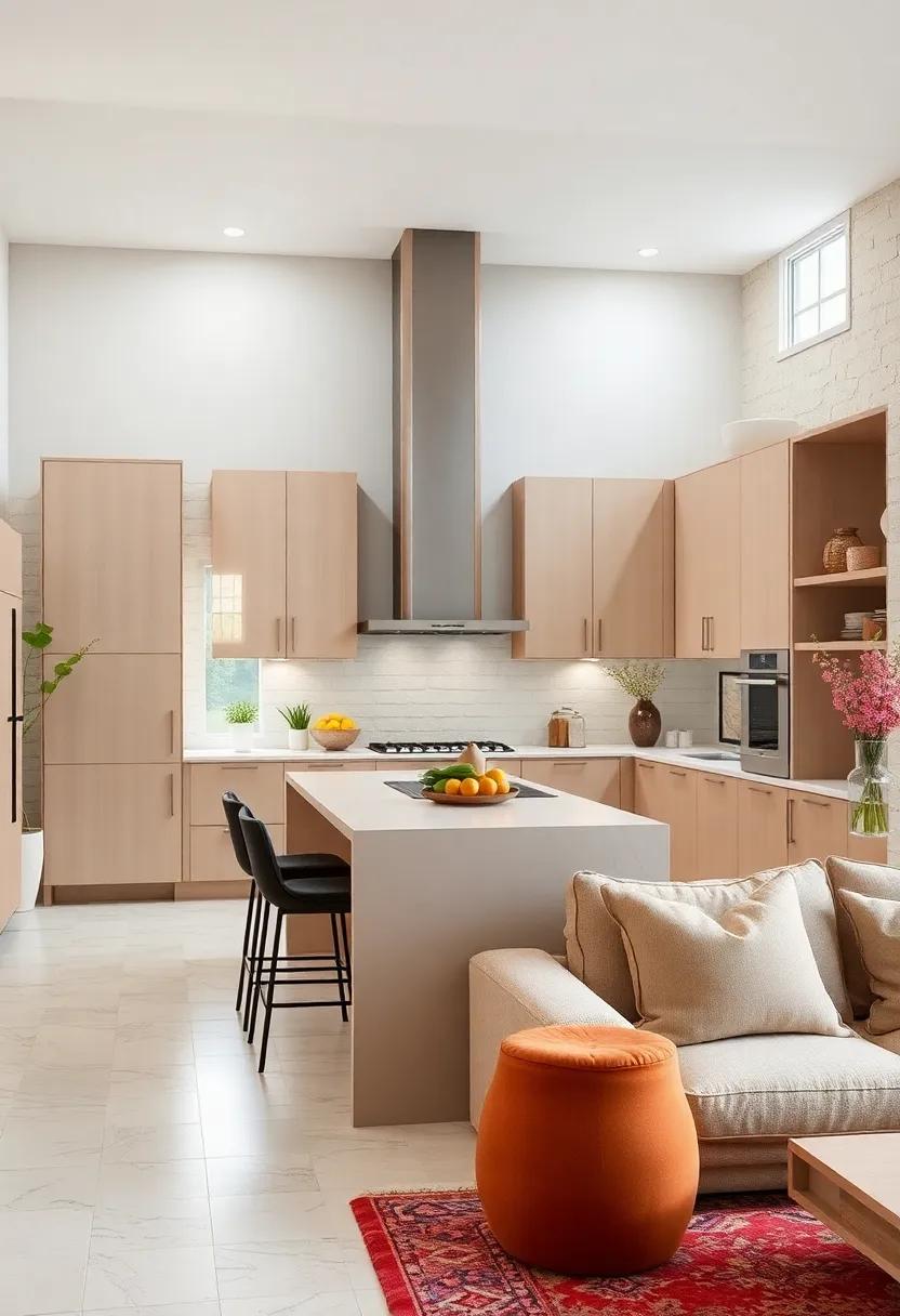 Open Layout Emphasis: If space allows, consider an open layout that flows naturally, showcasing your stylish beige cabinetry as a focal point