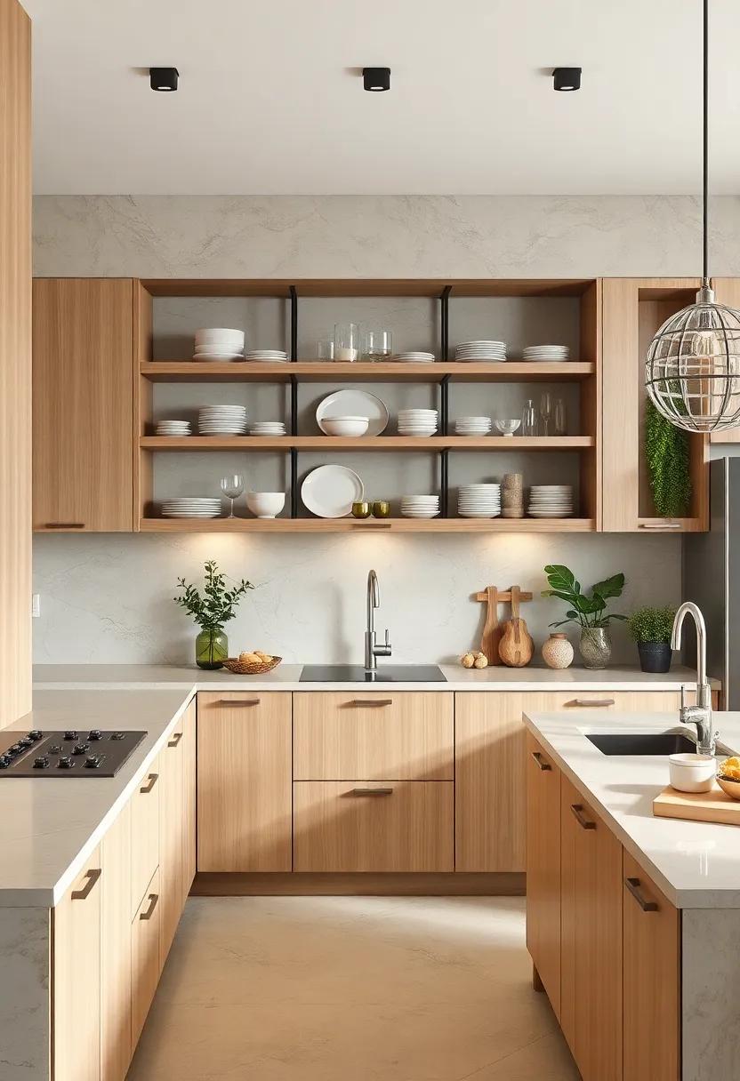 Open Shelving: Install open shelving to display stylish dishes and greenery, creating a focal point that softens beige cabinetry