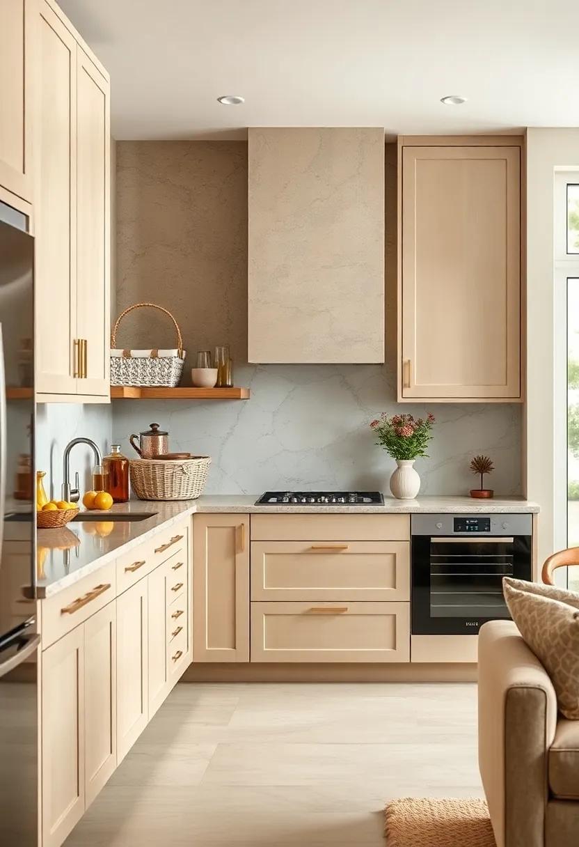 Smart storage Solutions: Utilize baskets or decorative boxes for organization, adding both function and style in a beige kitchen