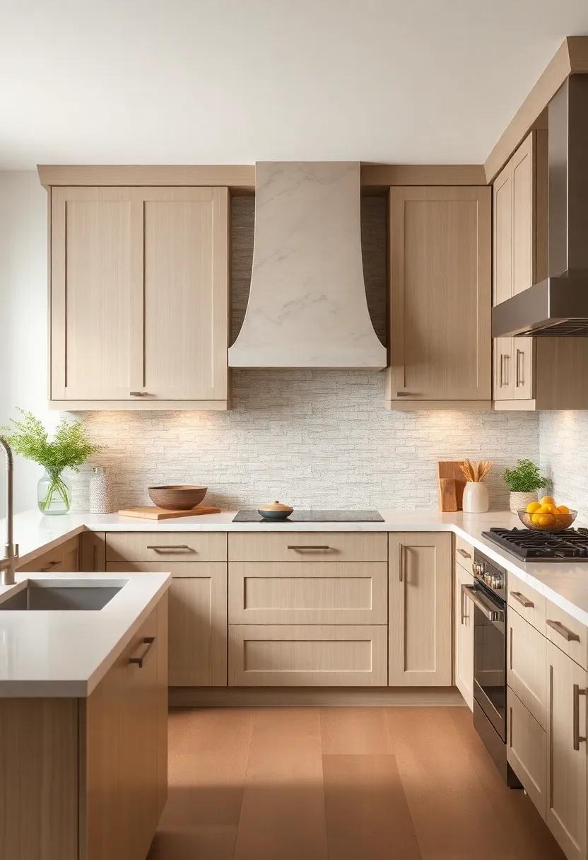 Textured Tile Backsplash: Choose a textured tile backsplash in a complementary shade to create a dynamic backdrop for your beige cabinets
