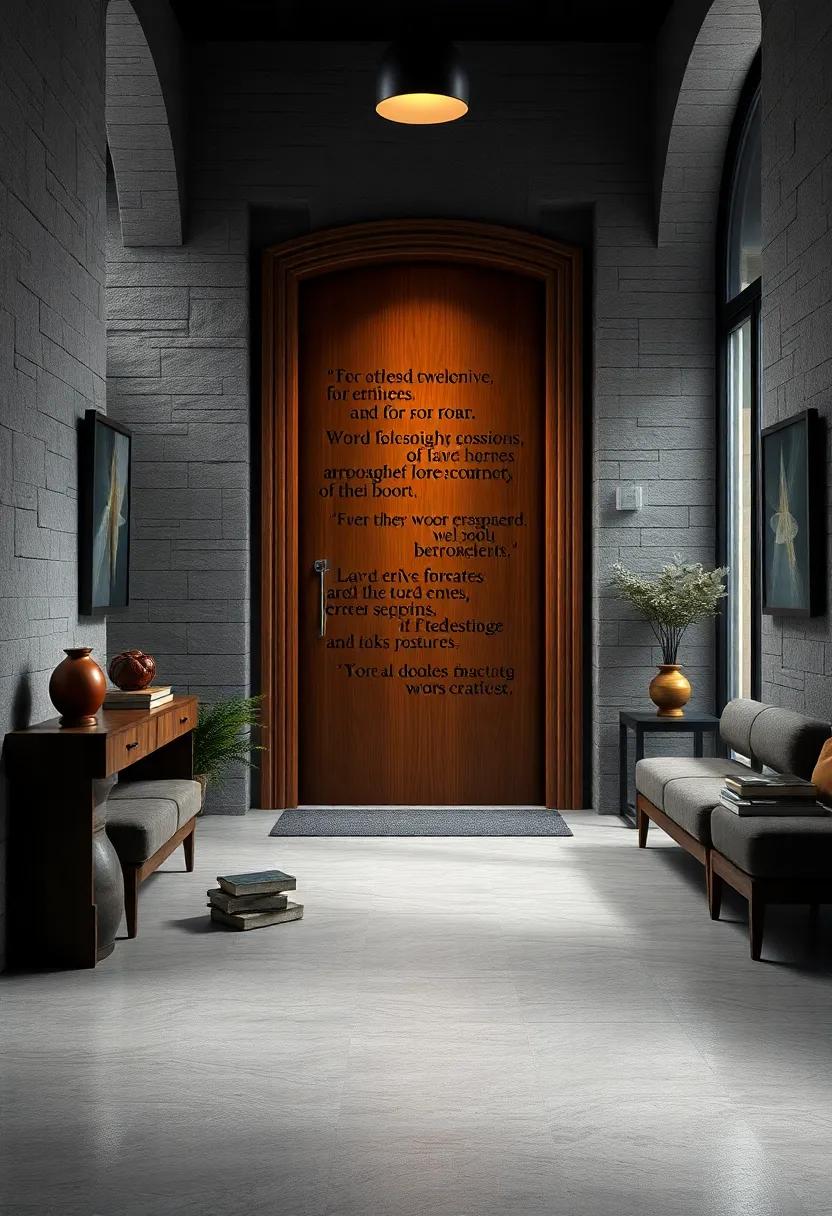 An artistic wooden door etched with literary quotes, setting a scholarly tone even before stepping inside