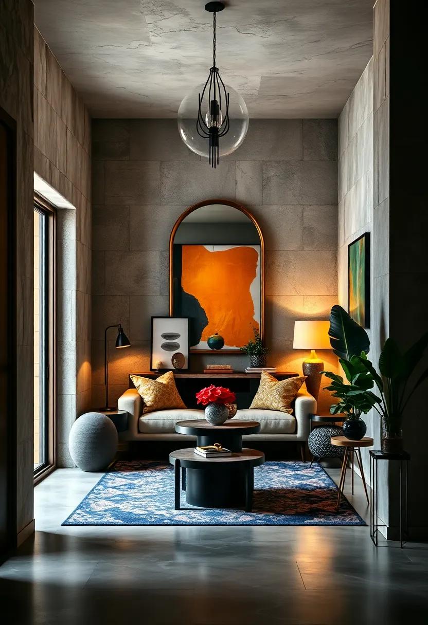 A bohemian-inspired entry adorned with eclectic art pieces and an oversized mirror that reflects the curiosity of the space