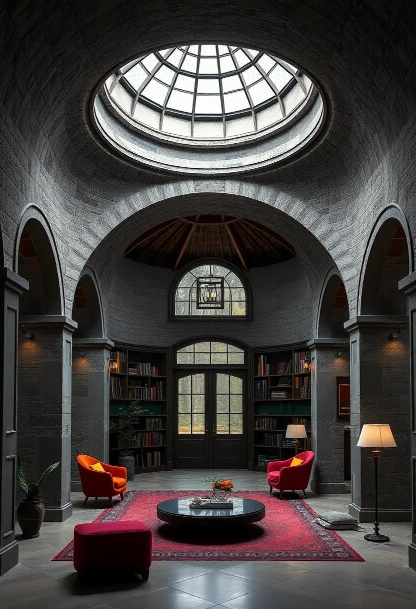 A circular entryway with a domed ceiling, where archways lead to various study nooks, encouraging exploration and contemplation