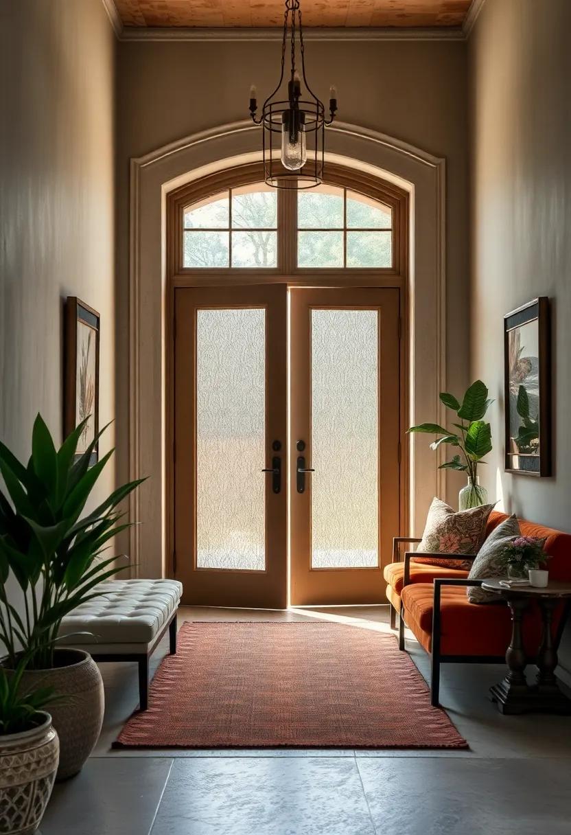 A classic French door with delicate mesh screens, merging elegance with a touch of rustic charm to create an inviting ambiance