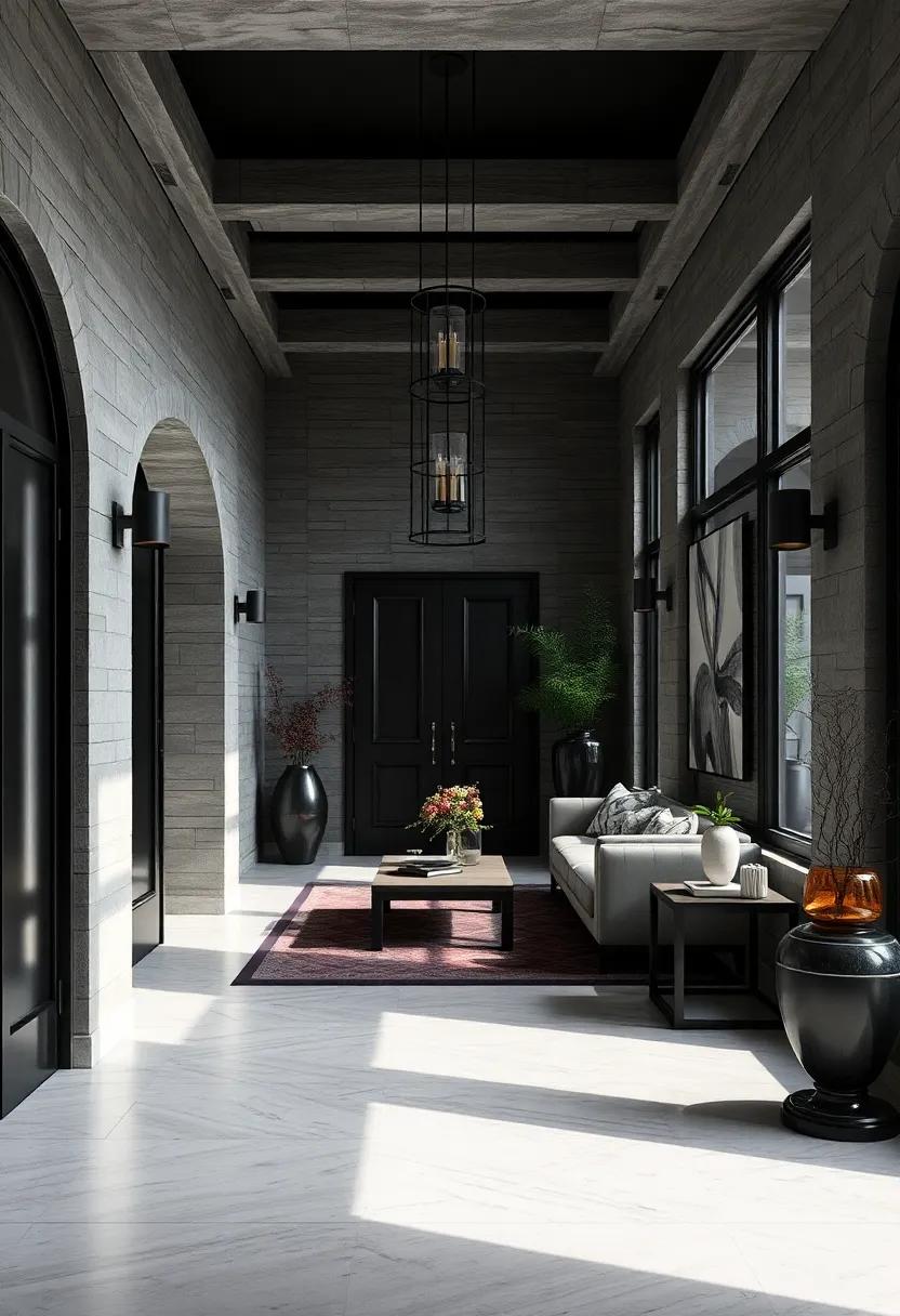 An entryway bathed in shadows, featuring a monochrome color palette that sets a somber yet sophisticated tone