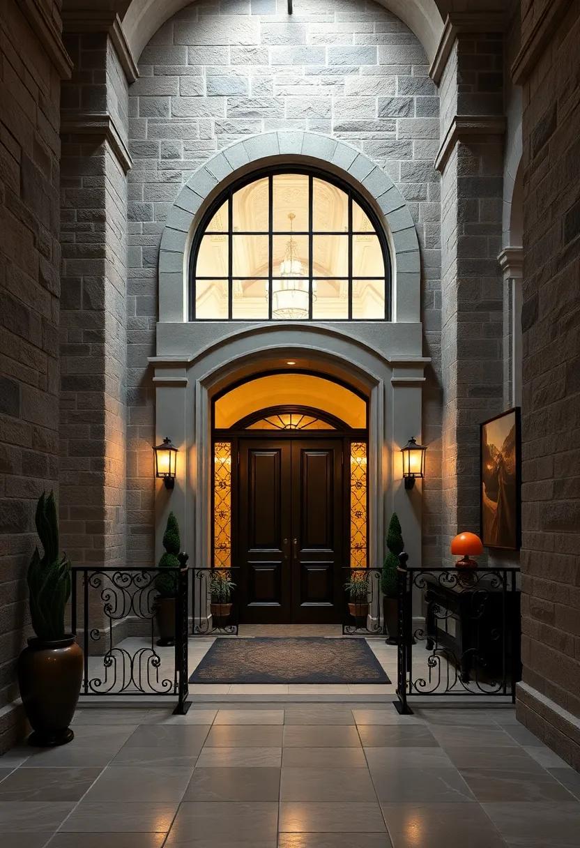 A historic stone facade with an intricately wrought-iron railing leading up to the entrance, enveloping guests in timeless elegance