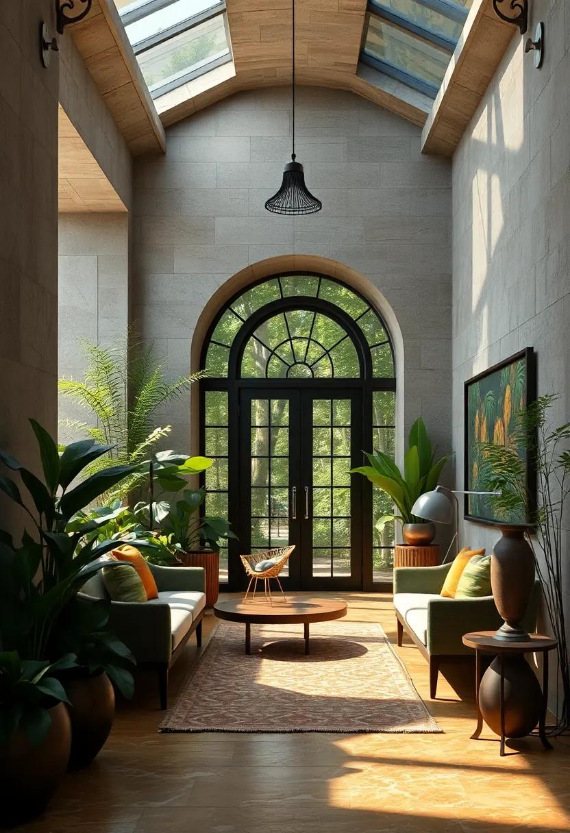 An indoor entry enveloped in greenery, where the lines between the outside world and vast knowledge blur into a seamless invitation