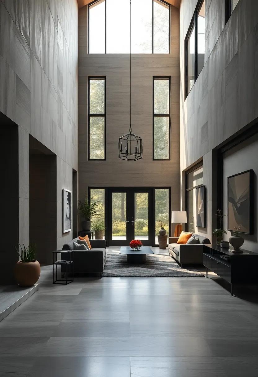 A minimalist entry featuring floor-to-ceiling windows, allowing natural light to cascade into a space filled with rich, dark furnishings