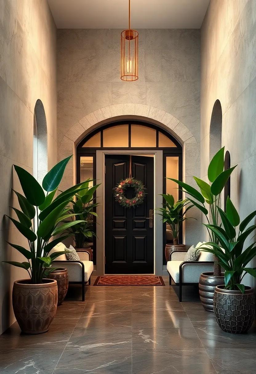 A nature-inspired entrance with oversized potted plants flanking the doorway, providing an enchanting transition from the outside world