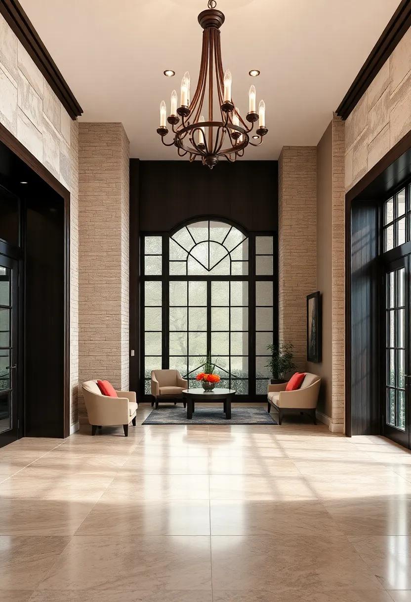 An opulent entry featuring a grand chandelier, juxtaposed against dark wooden elements to create a dramatic first impression