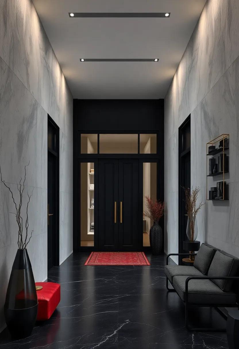 A sleek black entrance with a minimalist design featuring sharp lines and contrasting gold accents that draw the eye and spark curiosity