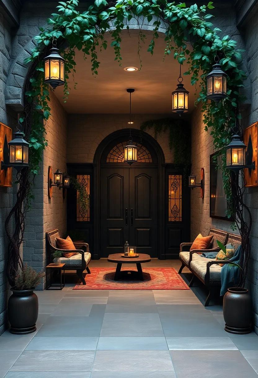 A whimsical entry framed by draping vines and antique lanterns, creating a mystical ambiance that welcomes visitors with open arms